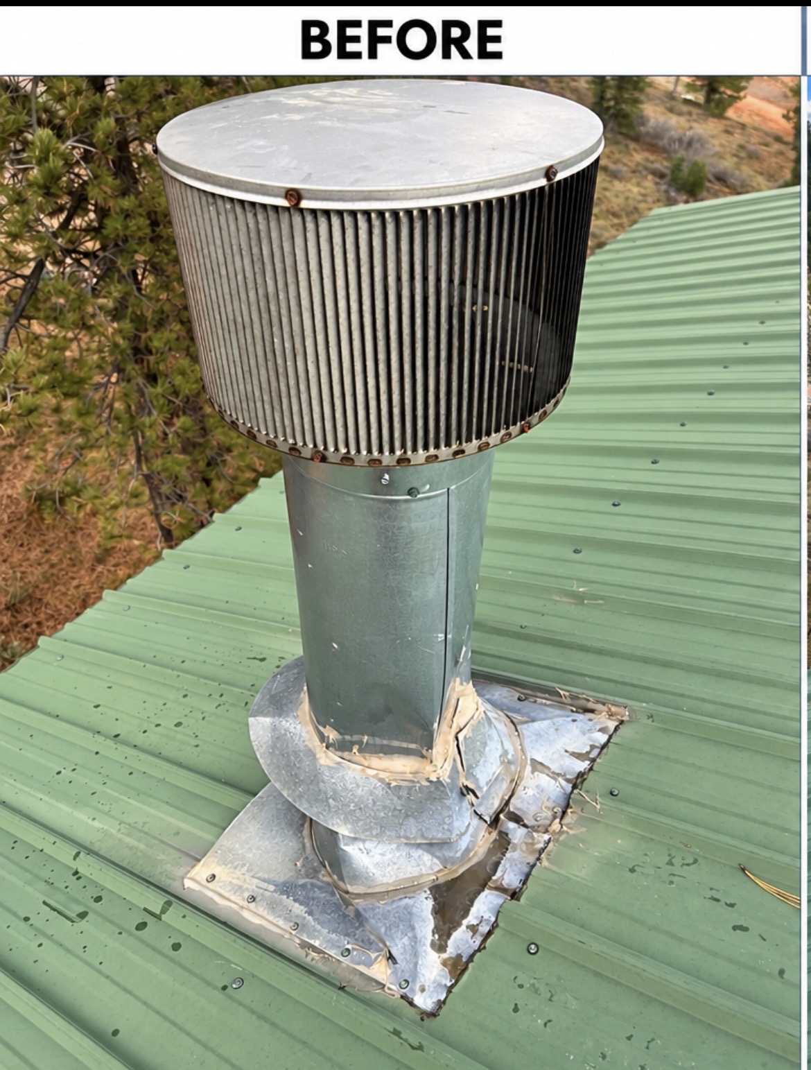 Chimney with deteriorated flashing on a green metal roof